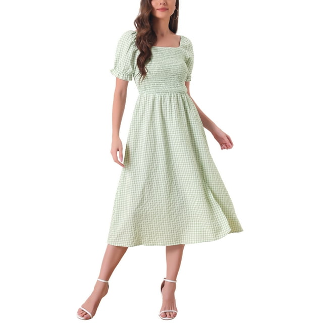 INSPIRE CHIC Robe Midi pour Femme Manches Courtes Bouffantes Smockée Carreaux Vichy Robes L Vert Pâle