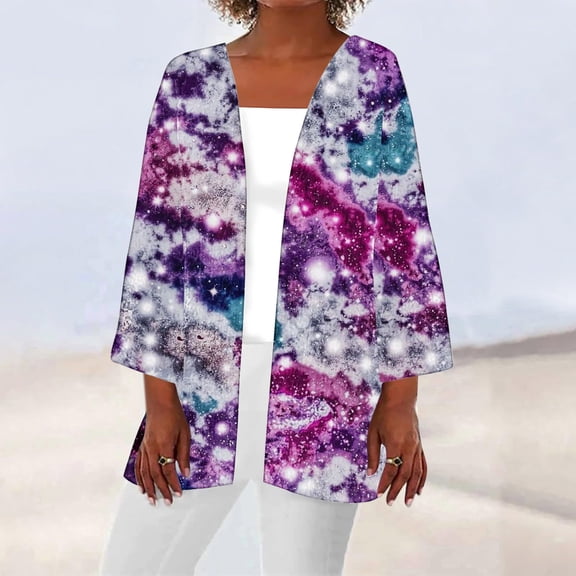 Sakmal Elbow-Length Coats for Women Plus Size Purple Cover-Up Tie Dye Cardigan Loose Fit Flowy Womens Jackets Trendy