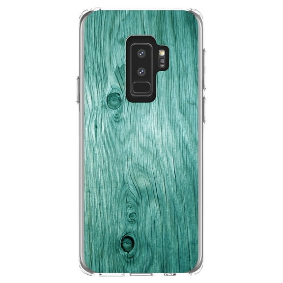 DistinctInk Clear Shockproof Hybrid Case for Samsung Galaxy S9  PLUS (6.2" Screen) - TPU Bumper, Acrylic Back, Tempered Glass Screen Protector - Teal Weathered Wood Grain Print - Printed Wood Image
