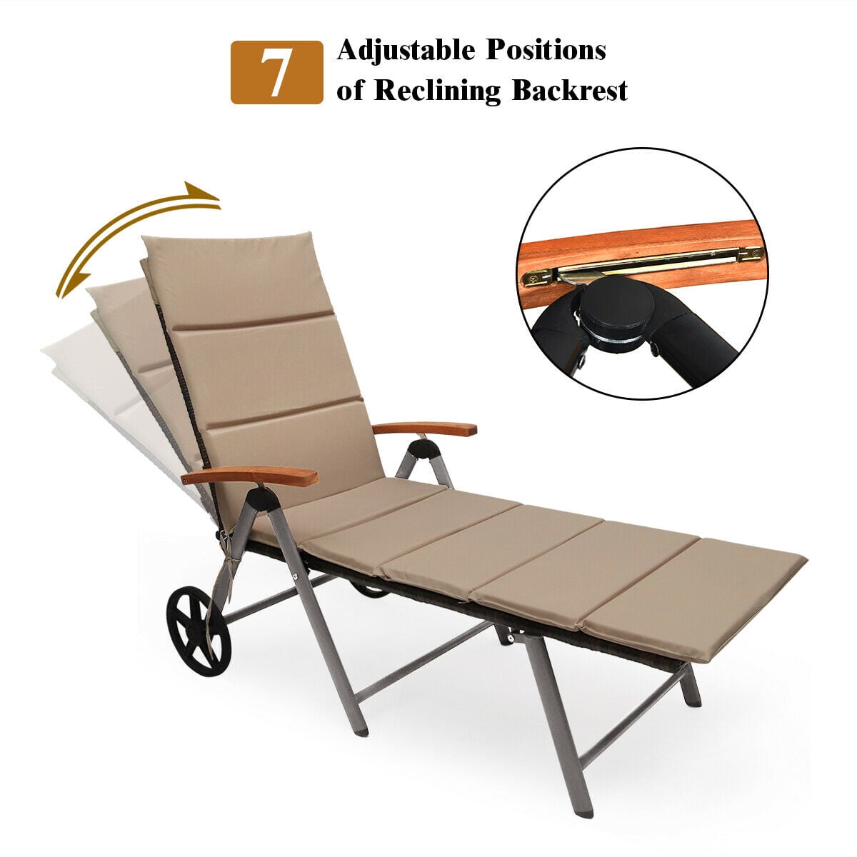 Gymax Fashion Folding Patio Rattan Lounge Chair Chaise Cushioned Aluminum Adjust Wheel