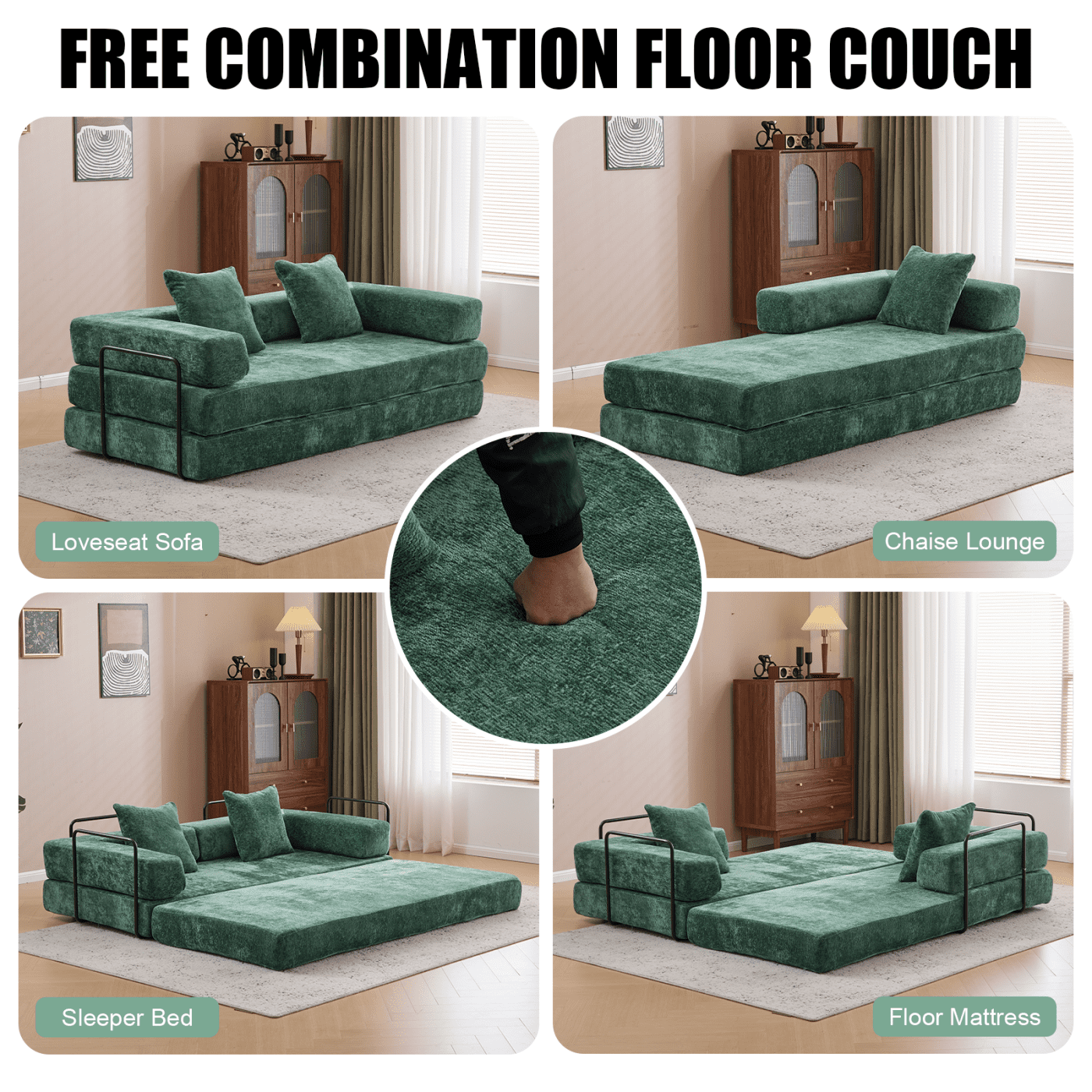 Jopath 76 Inch Convertible Sleeper Sofa Bed,Folding Floor Mattress Couch with Fixed-Shape Frame,Futon Boneless Couch Lounge Loveseat with Pull Out Bed, No Assembly Required,Dark Green+Chenille