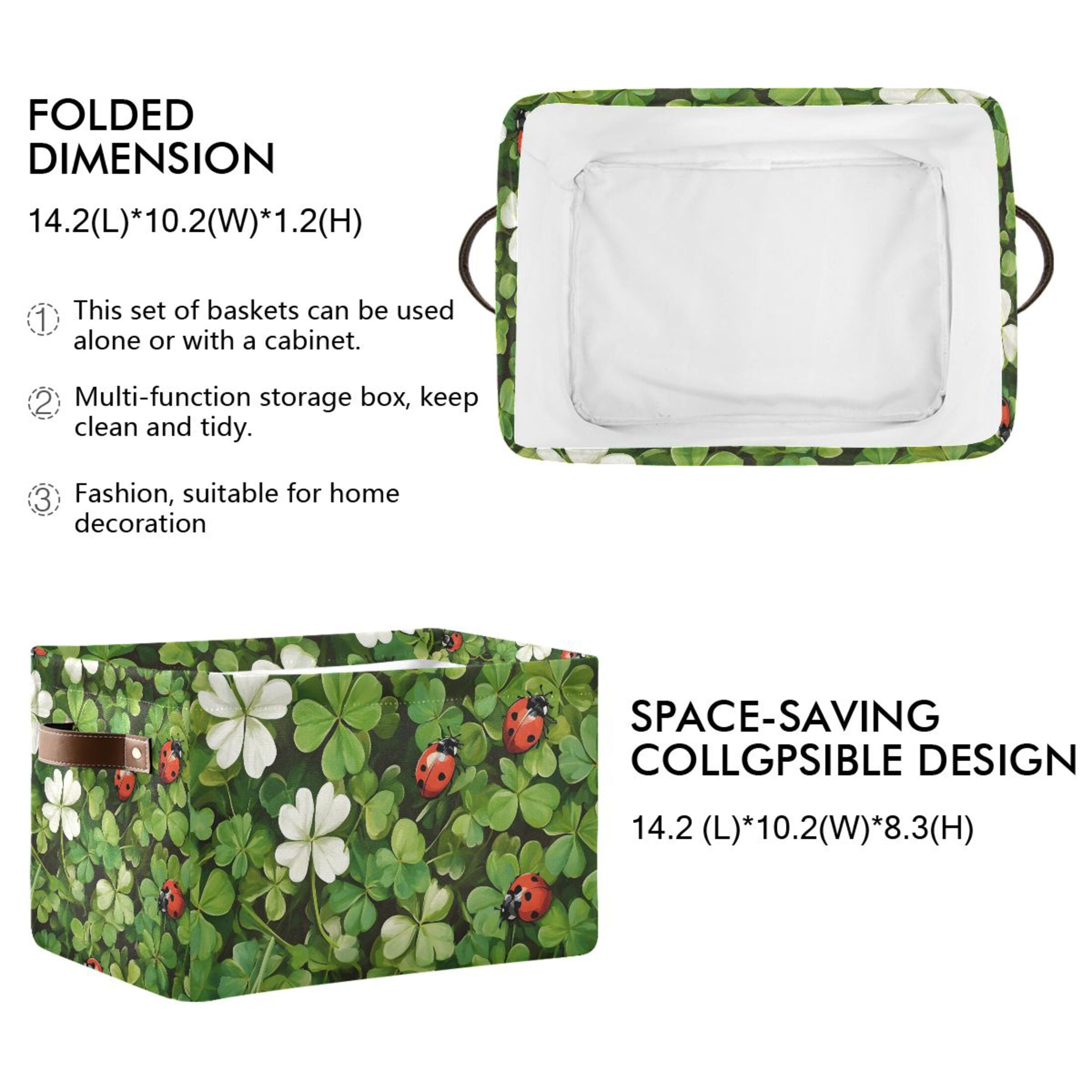 Ryvnso Ladybugs Clover Flowers Storage Basket Large Bin Foldable Boxes Toys Organizer 14.2x10.2x8.3in 2 PCs