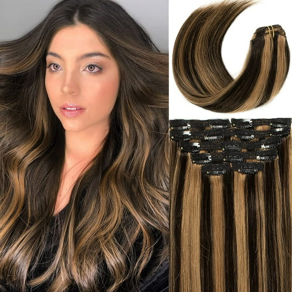 Lacerhair clip in Human Hair Extensions Real Human Hair Natural Black Lowlight Auburn Brown P#1B30 Soft Long Straight clip in Hair Extensions for Women 16 Inch Thick 7pcs 120g
