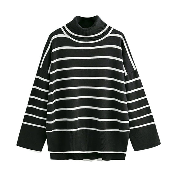 Womens Sweater Stripe Print Irregular Hem Long Sleeve Turtleneck Knitted Fall Sweaters