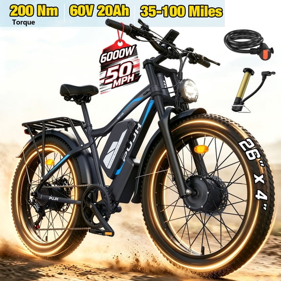 PUJH Electric Motor Bike 6000W Dual Hub 60V 20Ah 50 MPH 35 100 Mile 200Nm 40 Degree Climb 26 inch Fat Tire Full Suspension Hydraulic Brake for Adults