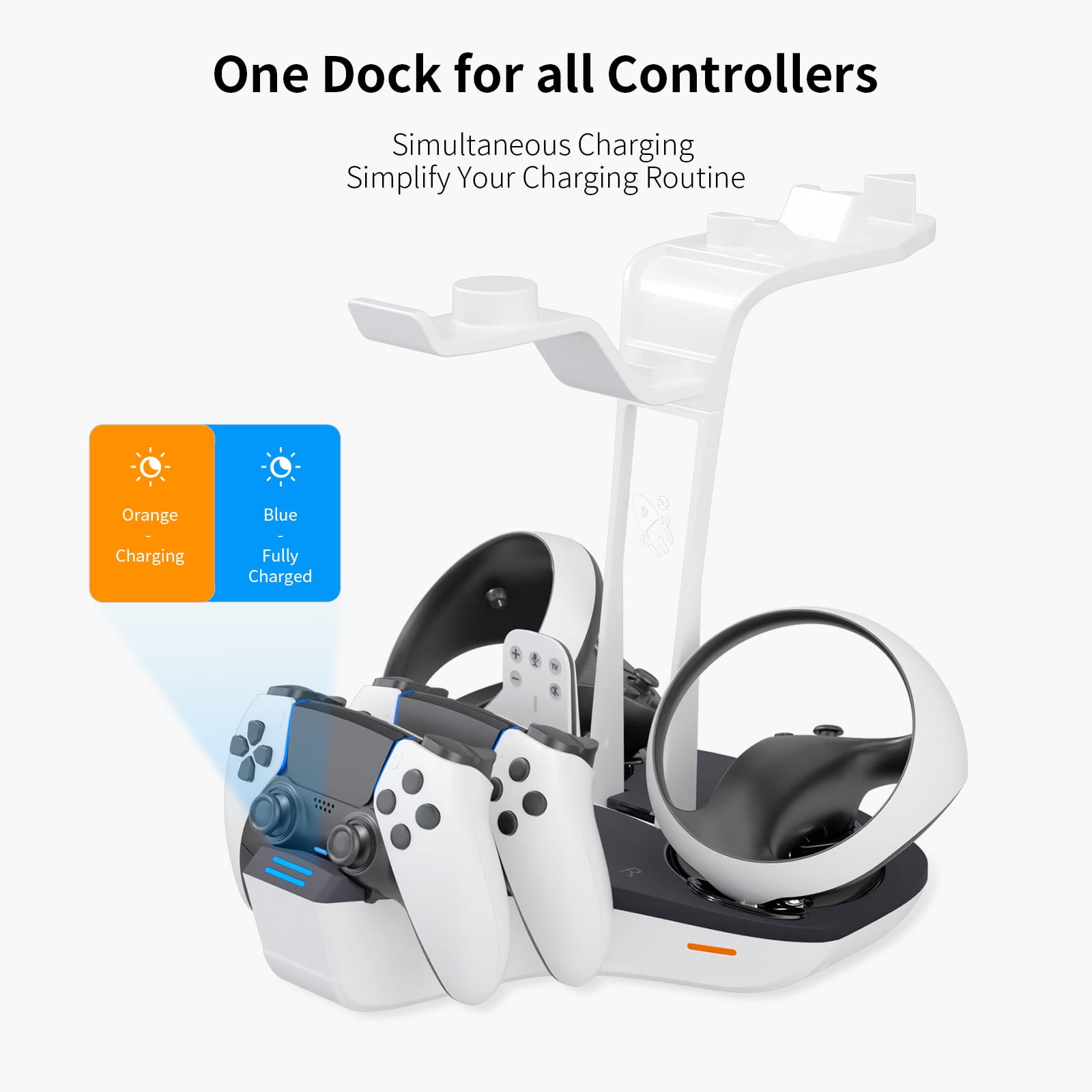 4-in-1 Controller Charging Station for PSVR2 and PS5, Dual Charging Dock with VR Headset Display Holder and Headphone Rack, LED-Charging Indicator, AC Power Adapter, RGB Lights, 3 Magnetic Connector