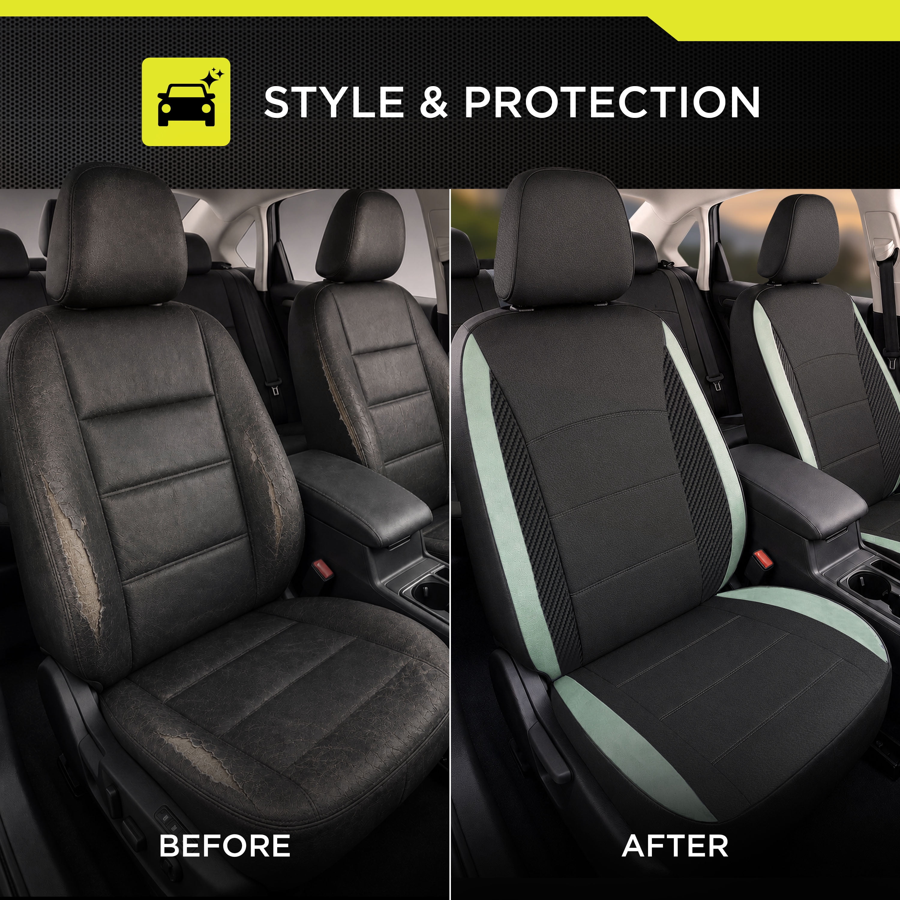 Auto Drive Seat Covers 2 Pack, Sport Front Seat Faux Leather Fits Cars SUV CUV, Black Green