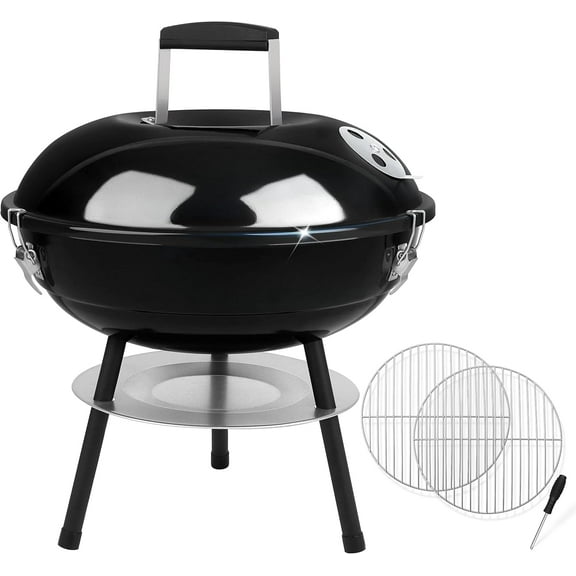 Grill with 2 Grilling Racks, Joyfair 14 inch Small Portable BBQ Grill with Locking Lid for Outdoor Camping/Patio/Backyard Barbecue/Tabletop Cooking, Enamel Coated & Dual Vent System (Black)