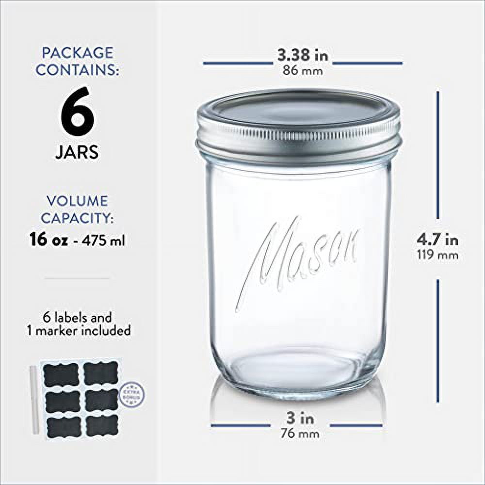 Newest Superb Version]EAXCK 16 oz Mason Jars with Lids and Bands 6 PACK,Wide  Mouth