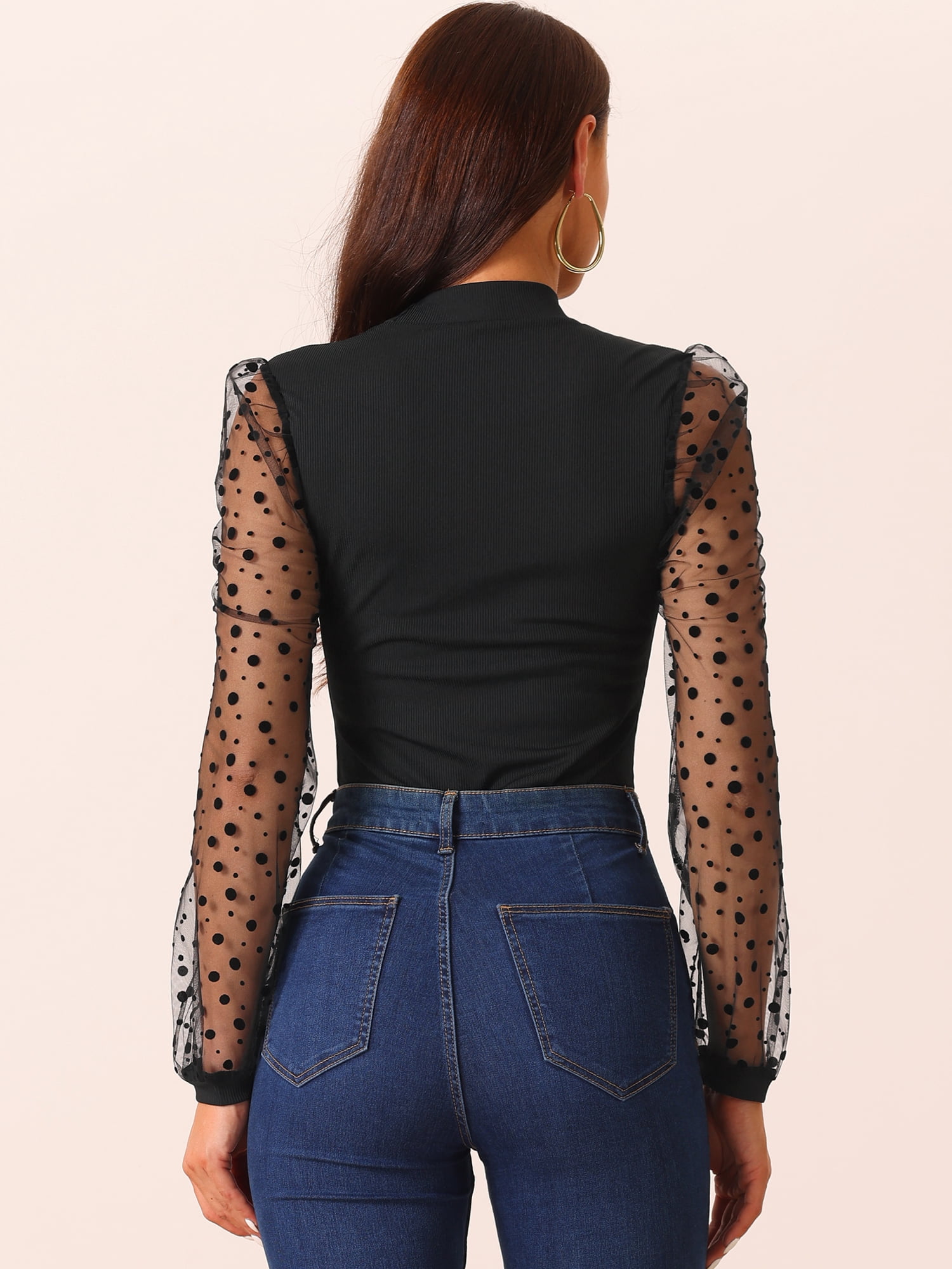 DARING DIVA Polka Dot Long Mesh Sheer Sleeve Slim Fit Bodysuits S Black