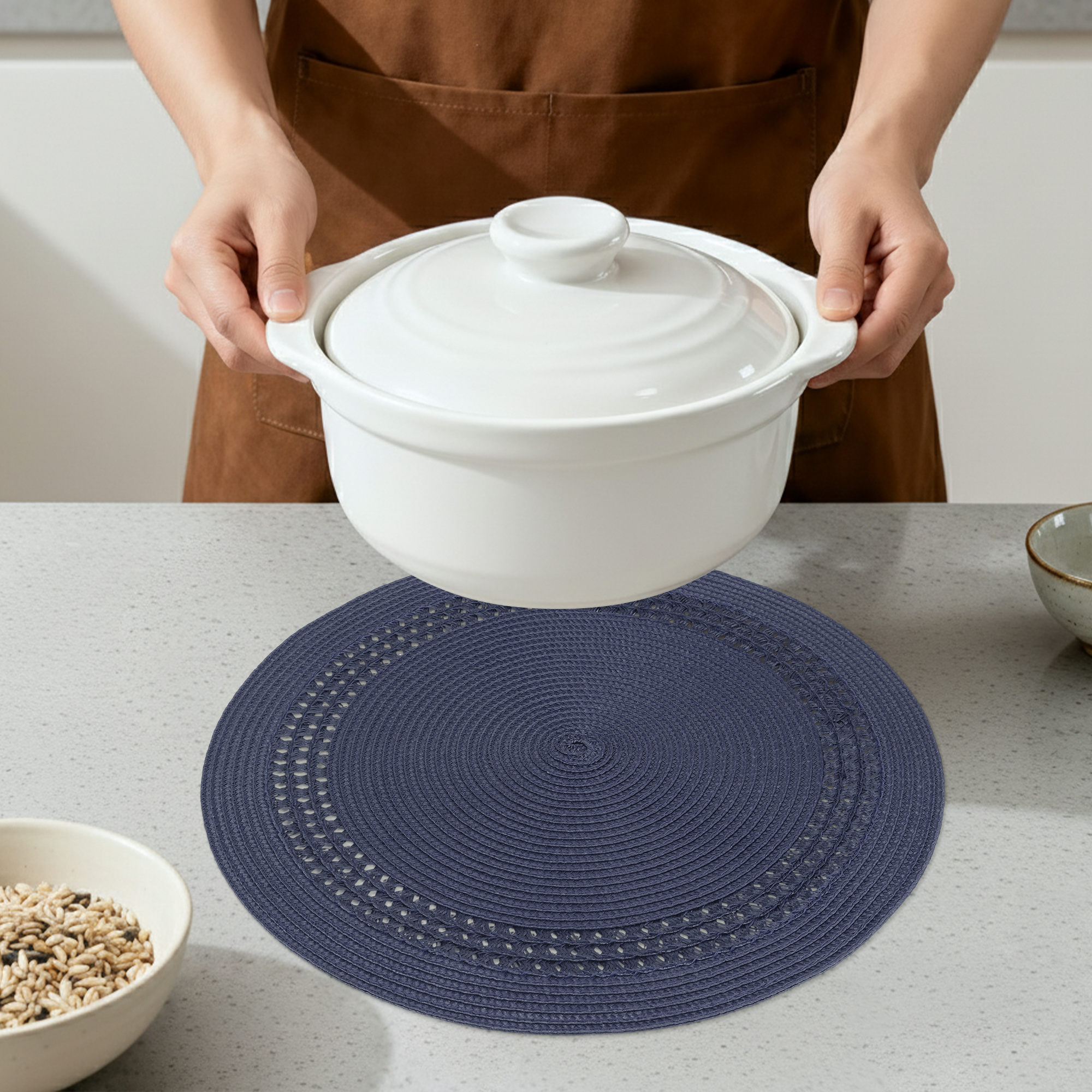 Unique Bargains Farmhouse Round Placemats Set of 6 Woven Placemats Navy Blue