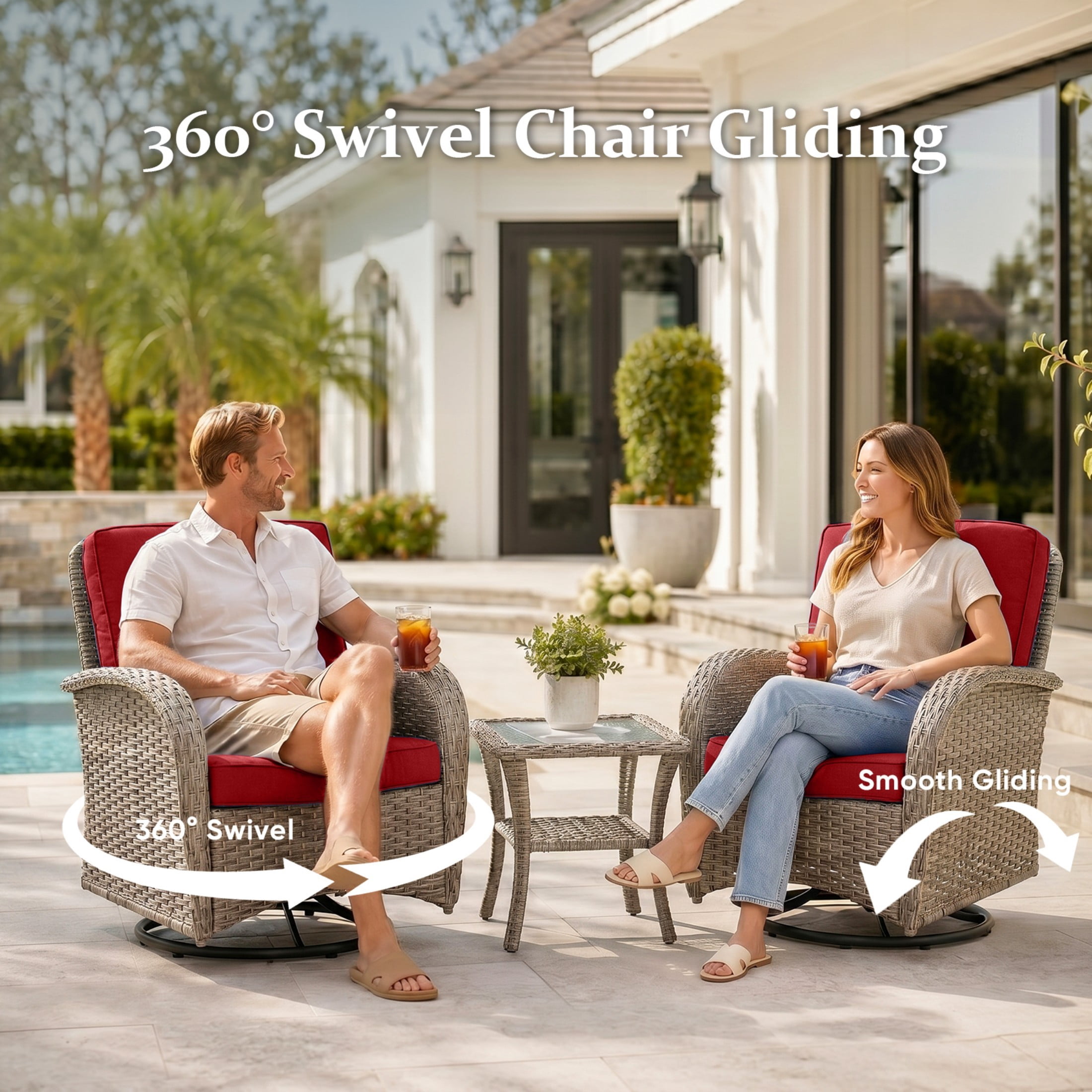 Unnifurnzi 5 Pieces Outdoor Wicker Patio Furniture Set-High Back Outdoor Rocking Chairs Set of 2 with Ottoman Patio Conversation Sets for Deck Lawn Porch Balcony Poolside-Gray/Red