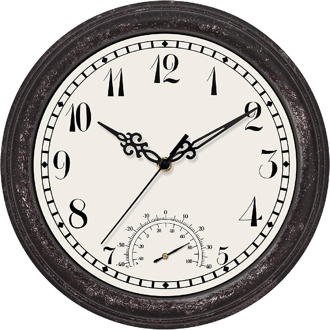 Indoor Outdoor Clocks, Waterproof Wall Clock with Thermometer, 12 inch