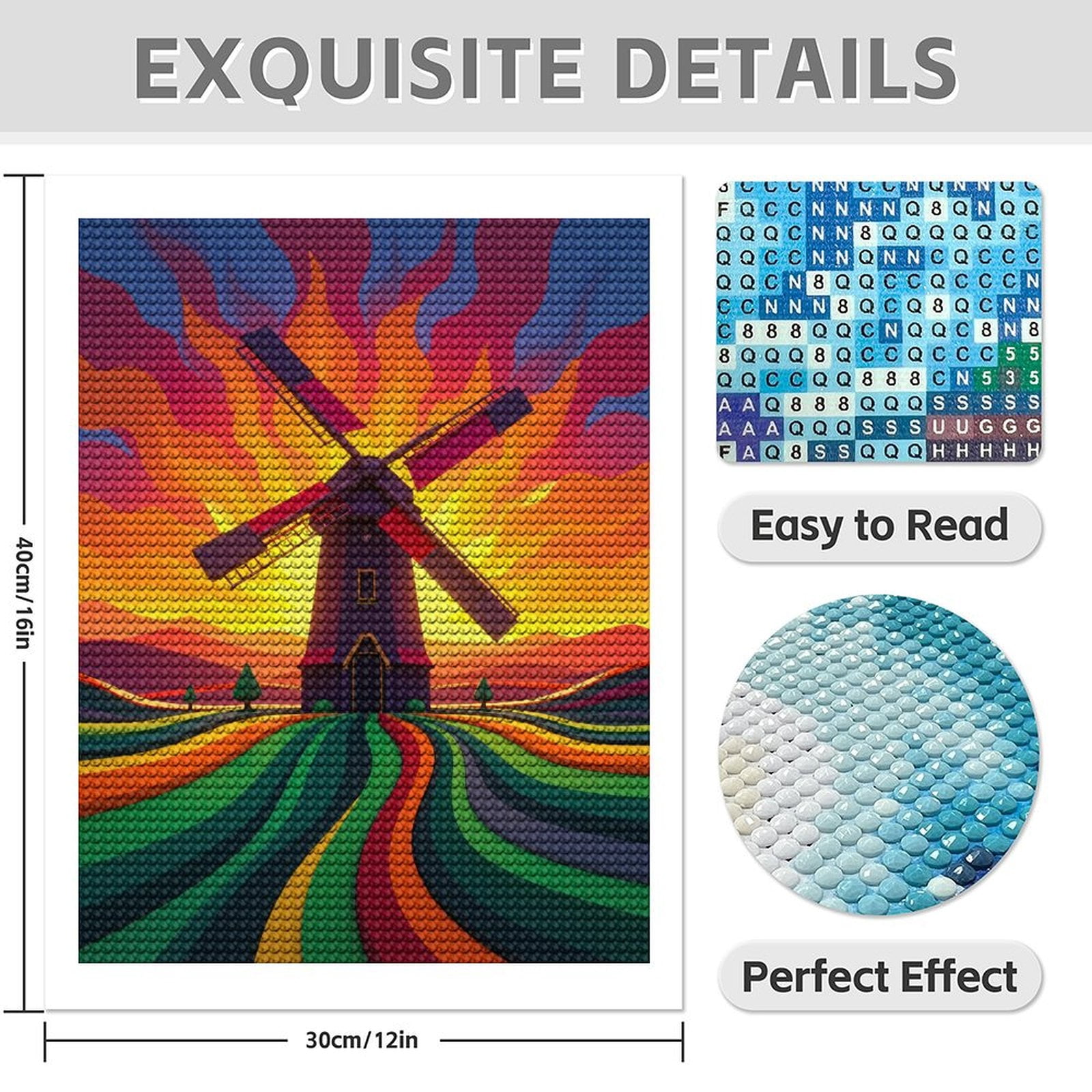 Diamond Art Kit for Adults, Bright Windmill Sunset Field Diamond Painting for Adults Beginners, DIY Diamond Art Painting Kits, 5D Diamond Painting Crafts for Home Decor 12x16 Frameless
