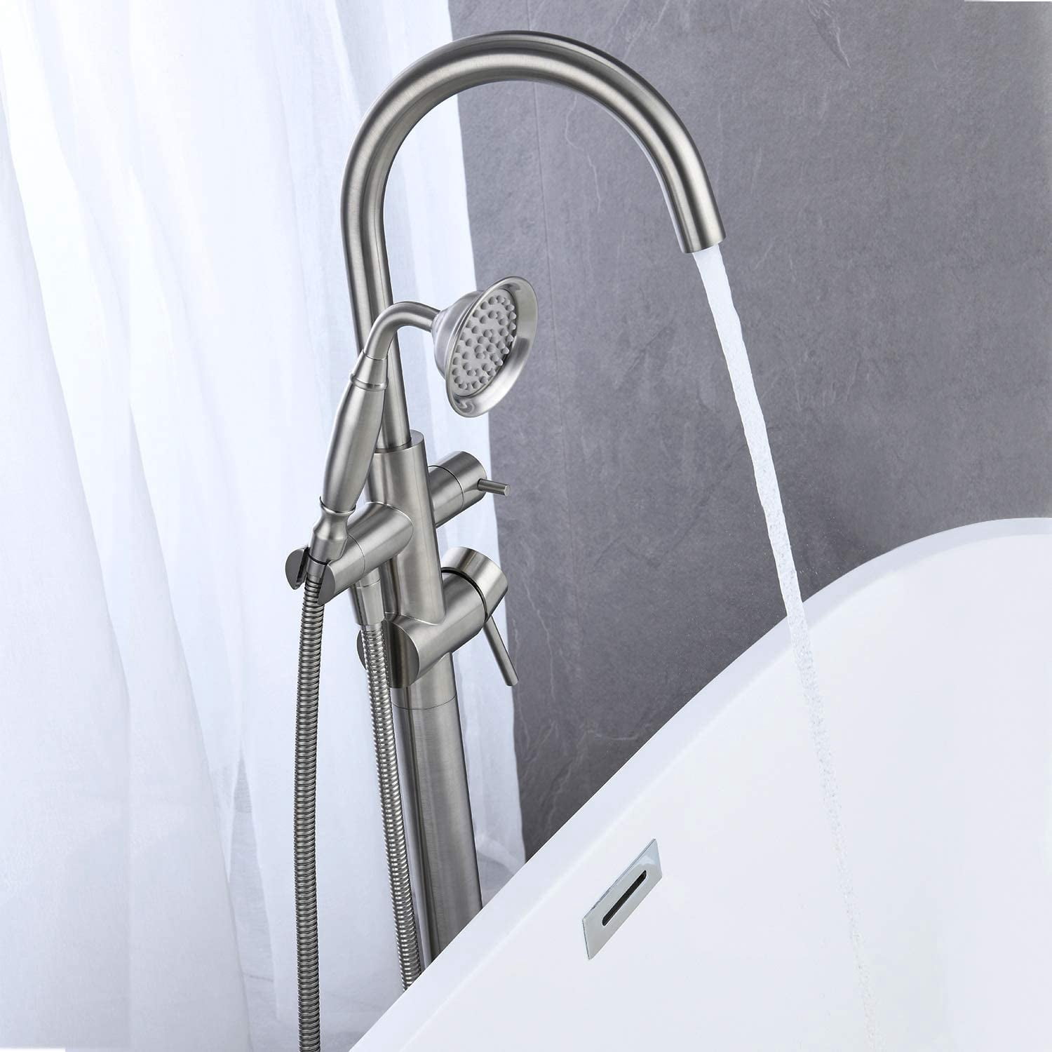 CoSoTower Freestanding Tub Filler Bathtub Faucet Brushed Nickel With Hand Held Shower Floor-Mount