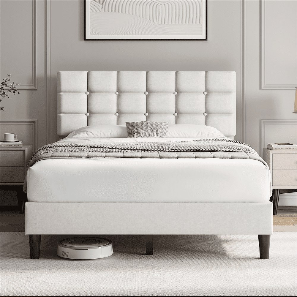 Renwick Full Size Upholstered Platform Bed with Square Tufted Headboard, Beige