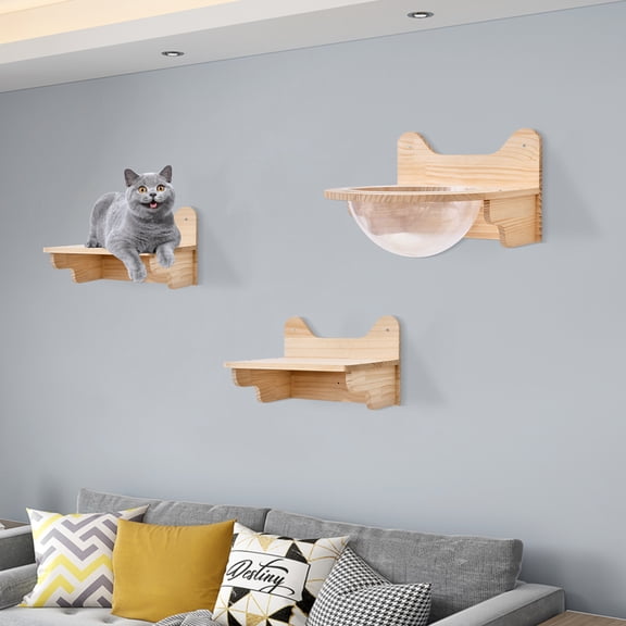 3-in-1 Wooden Wall-Mounted Cat Shelves and Perches Set - Floating Cat Climber with Wooden Space Capsule & Jumping Platforms