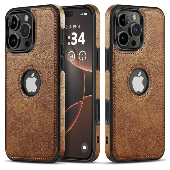 XG-Tech Luxury Leather Business Vintage Slim Non-Slip Cell Phone Case for iPhone 16 Pro Max, Brown