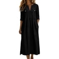 thumbnail image 2 of Ayolanni Women's Fall Dress 3/4 Sleeve V Neck Cotton A-Line Maxi Dresses Daily Flowy Solid Side Slit Long Dress with Pockets Black XL, 2 of 7