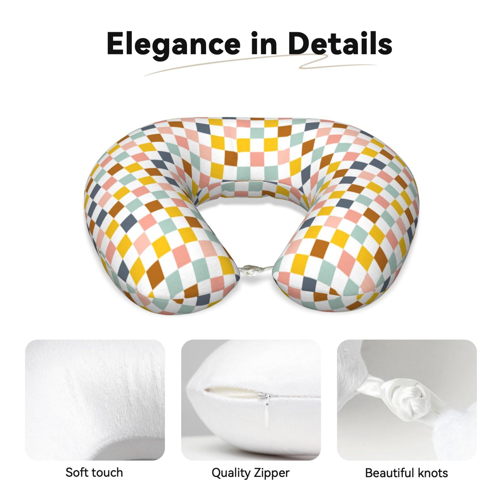 Xecao Colorful Checkered 1 Print Memory Foam Cervical Neck Pillow Versatile U-Shaped Pillows for Home,Office,Camping,Travelling,Soft Washable Cover