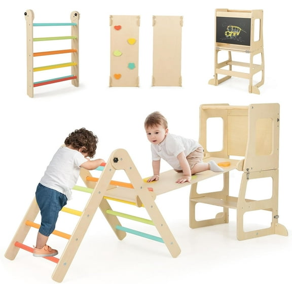 OLAKIDS Climbing Toys for Toddlers, 8 in 1 Foldable Wood Pikler Montessori Jungle Gym with Toddler Tower Angle Adjustable Ladder Ramp Slide, Indoor Kids Playground Climber Triangle Set (Colorful)