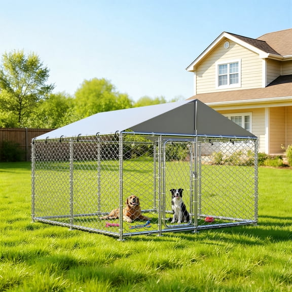 YOKWOK 7.5×7.5ft Outdoor Dog Kennel Outside with Metal Large Dog Gate, Outdoor Dog Pens with Roof, Heavy Duty Dog Kennel for Backyard Farm Use
