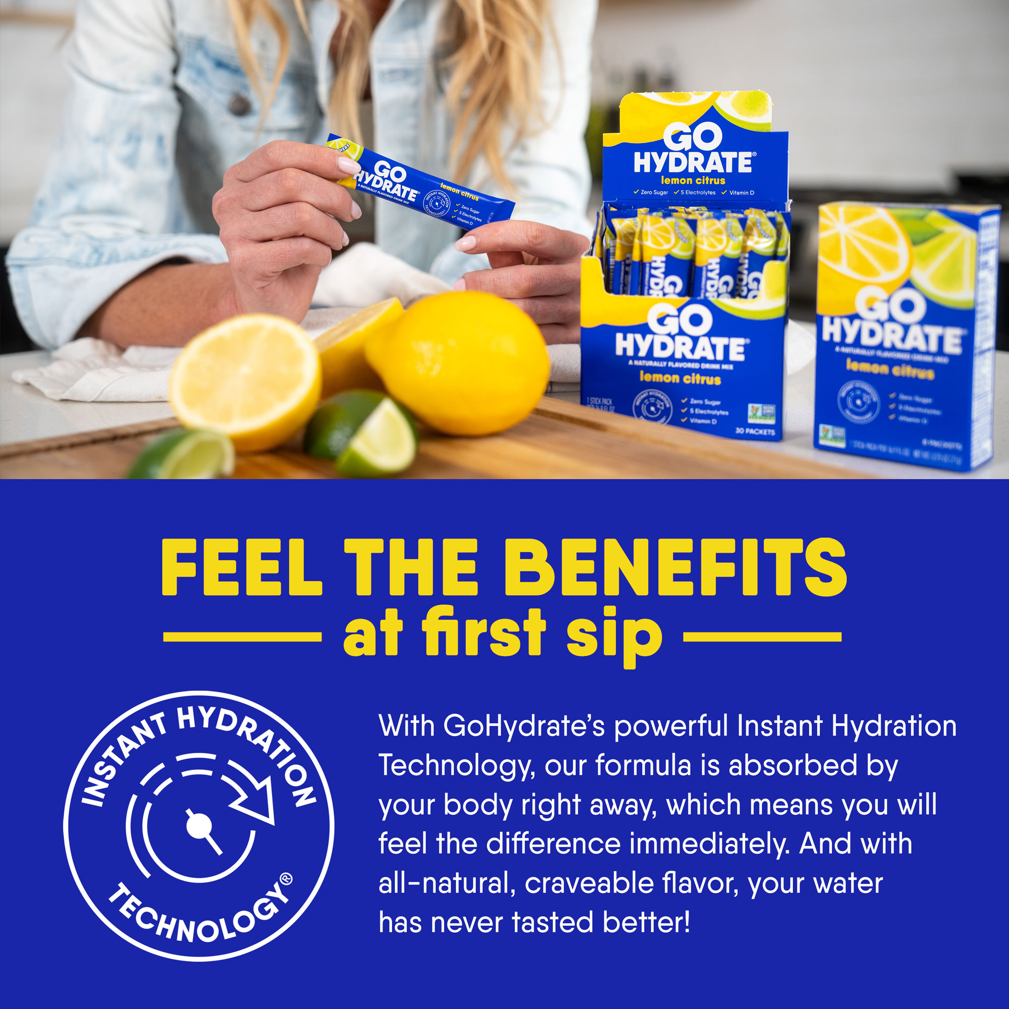 Electrolyte Hydration Drink Mix with Vitamin D, Non GMO Electrolyte Powder Hydration Pack, Lemon Citrus, 30 Hydration Powder Packets - GoHydrate