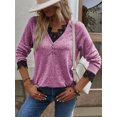 thumbnail image 4 of Camiseta de encaje con cuello en V para mujer, remera informal de Color sólido, Jersey holgado elegante, camisetas de manga larga 2022, 4 of 4