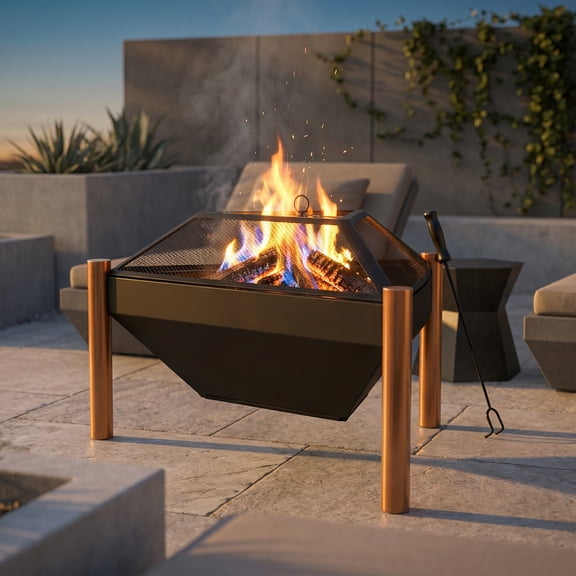 Sunnydaze 31.5" Triangle Wood-Burning Copper Finish Steel Fire Pit/Side Table with Screen