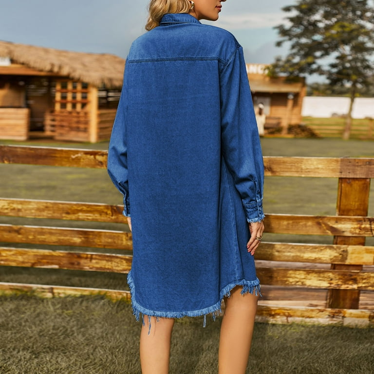 Denim frayed hem long sleeve shirt dress best sale