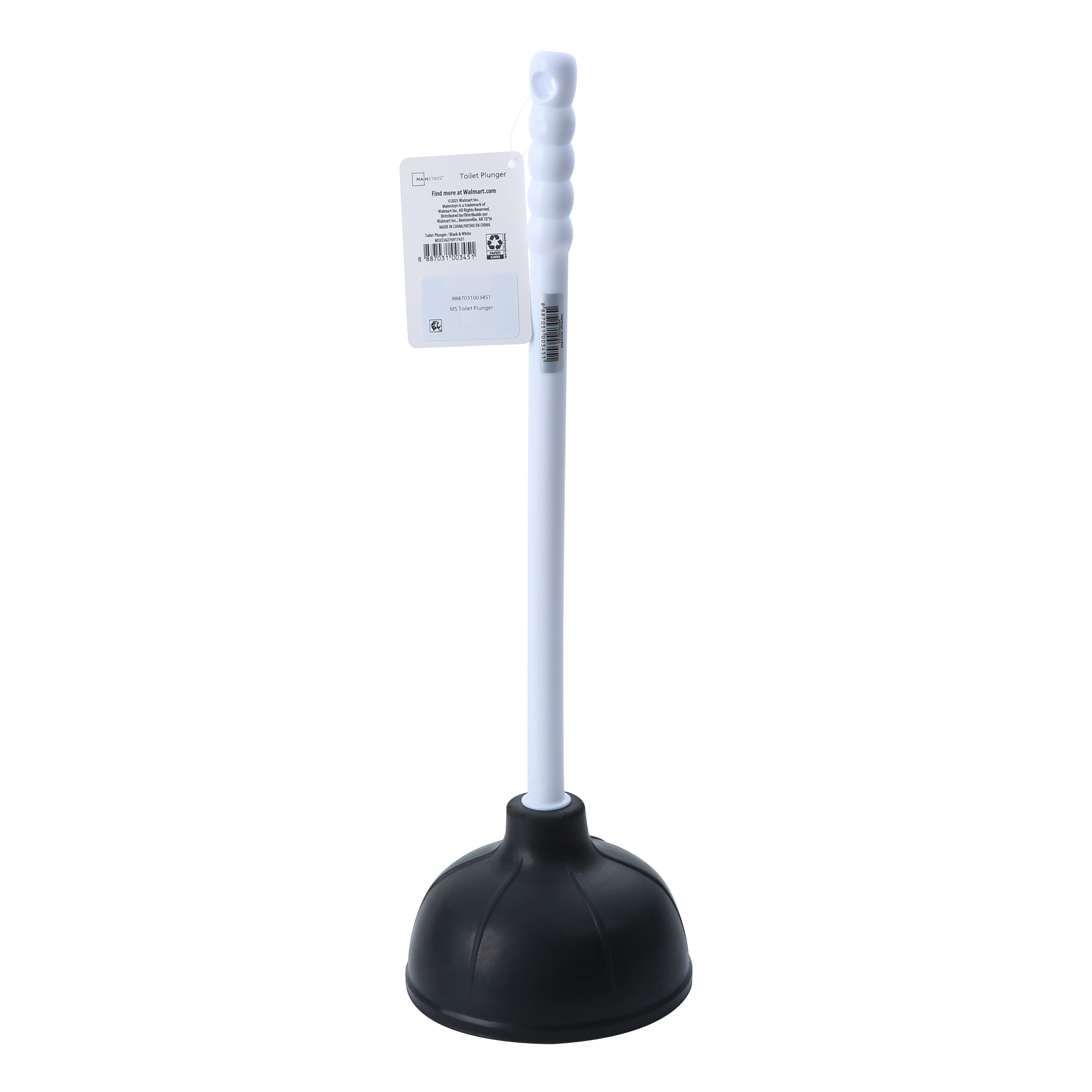 Mainstays Toilet Plunger, 18 in Plastic Handle, Rubber Cup, White