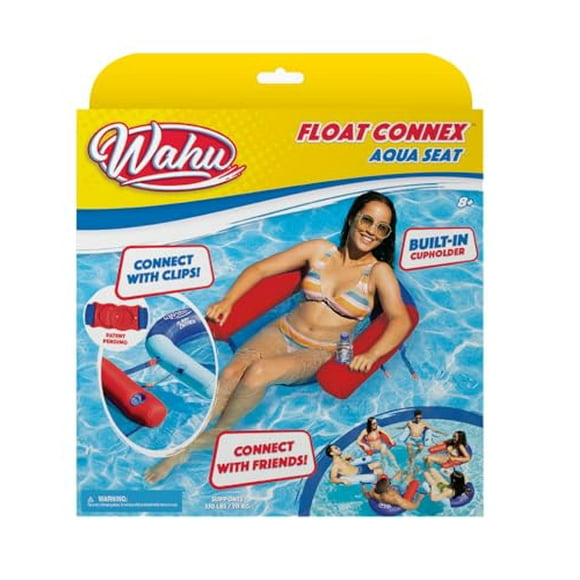 WAHU Float Connex Aqua Pool Seat with Connex Clips, Cupholder, and Inflate Valve, Inflatable Pool Float Chair for Adults and Kids Ages 8+, Blue/Red