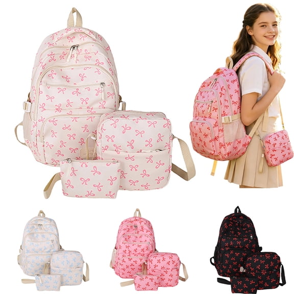 School Backpack Set for Girls Cute Bow Printed Lightweight Casual Daypack with Crossbody Bags and Pencil Case