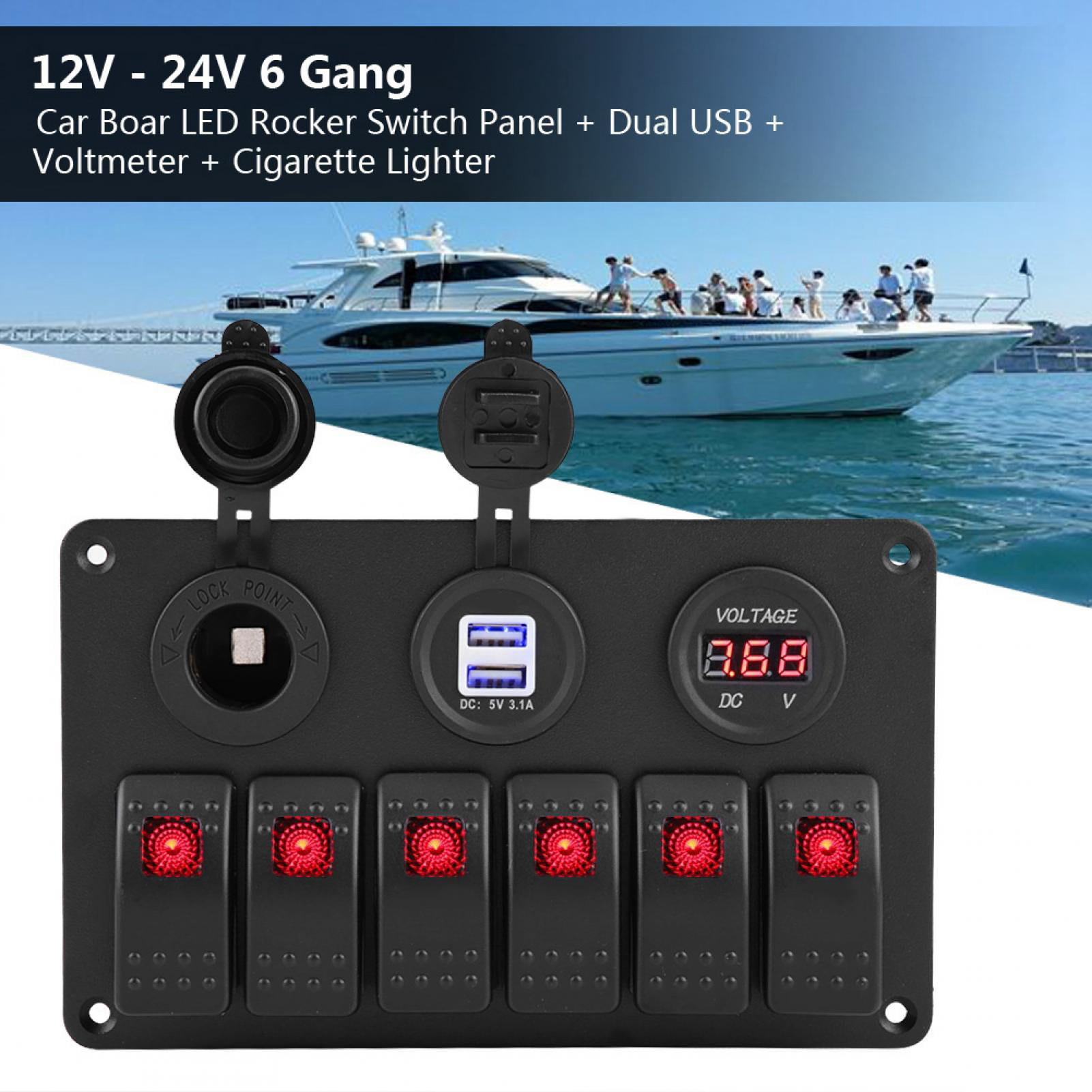 Blue Qiilu 12-24V 6 Gang Rocker Switch Panel for Car RV Boat Yacht Marine 