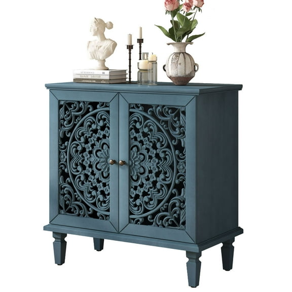 S-HOME Vintage Accent Cabinet with Hollow-Carved Floral Design, Solid Wood Legs, 2 Door Storage Sideboard, for Entryway or Living Room Decor, Antique Blue