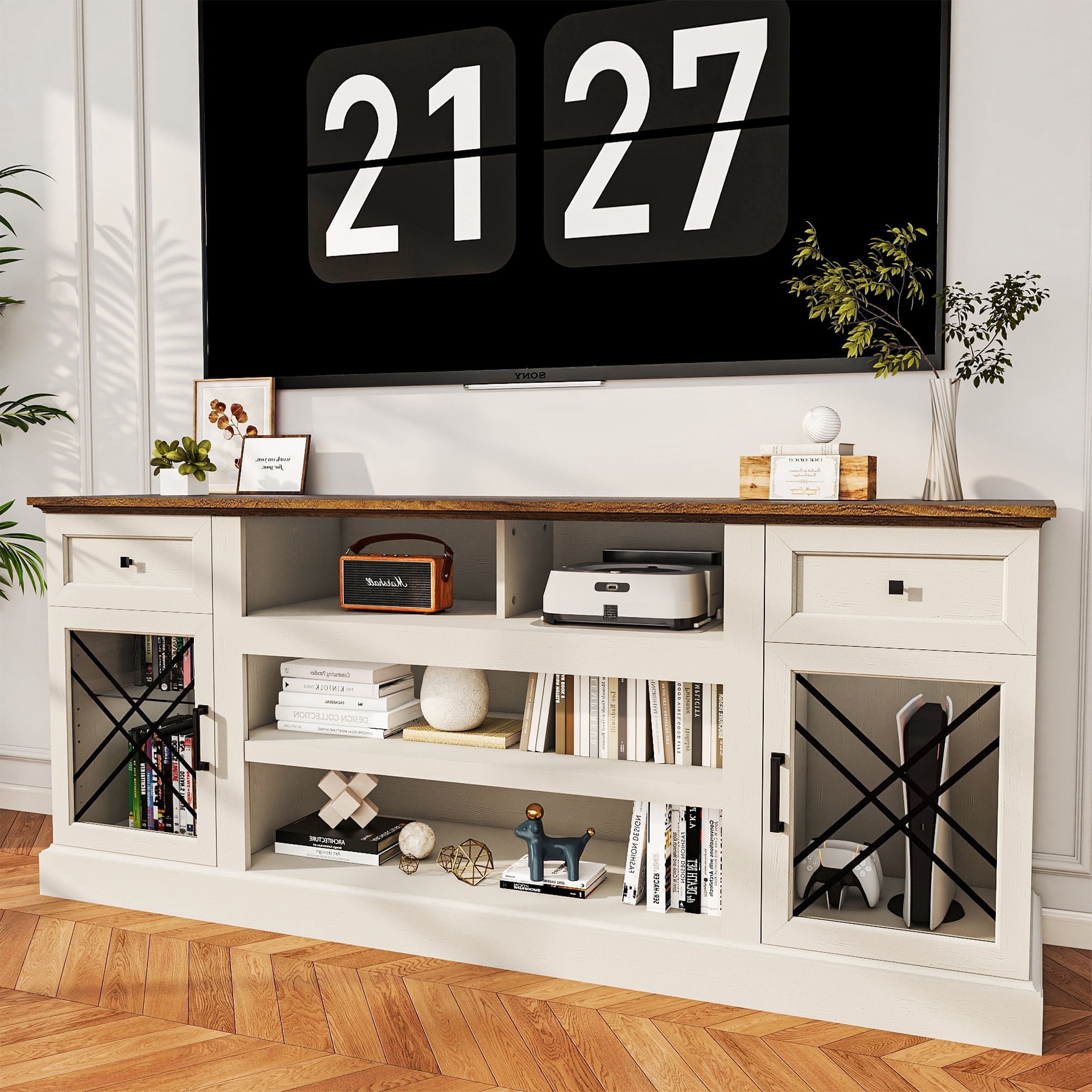 FIAKOA 70 inch Farmhouse TV Stand for 75 inch TV, White Entertainment Center with LED Lights & Power Outlet, Modern Media Console Table for Living Room