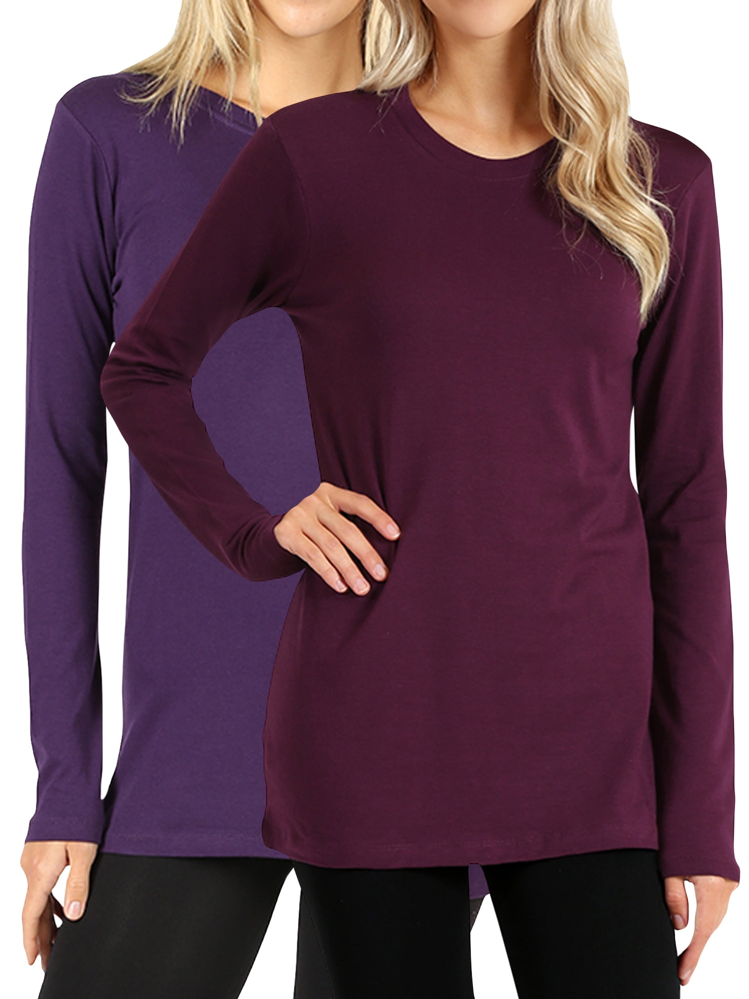 Women Basic Round Crew Neck Long Sleeve Stretch Cotton Spandex T-Shirts ...