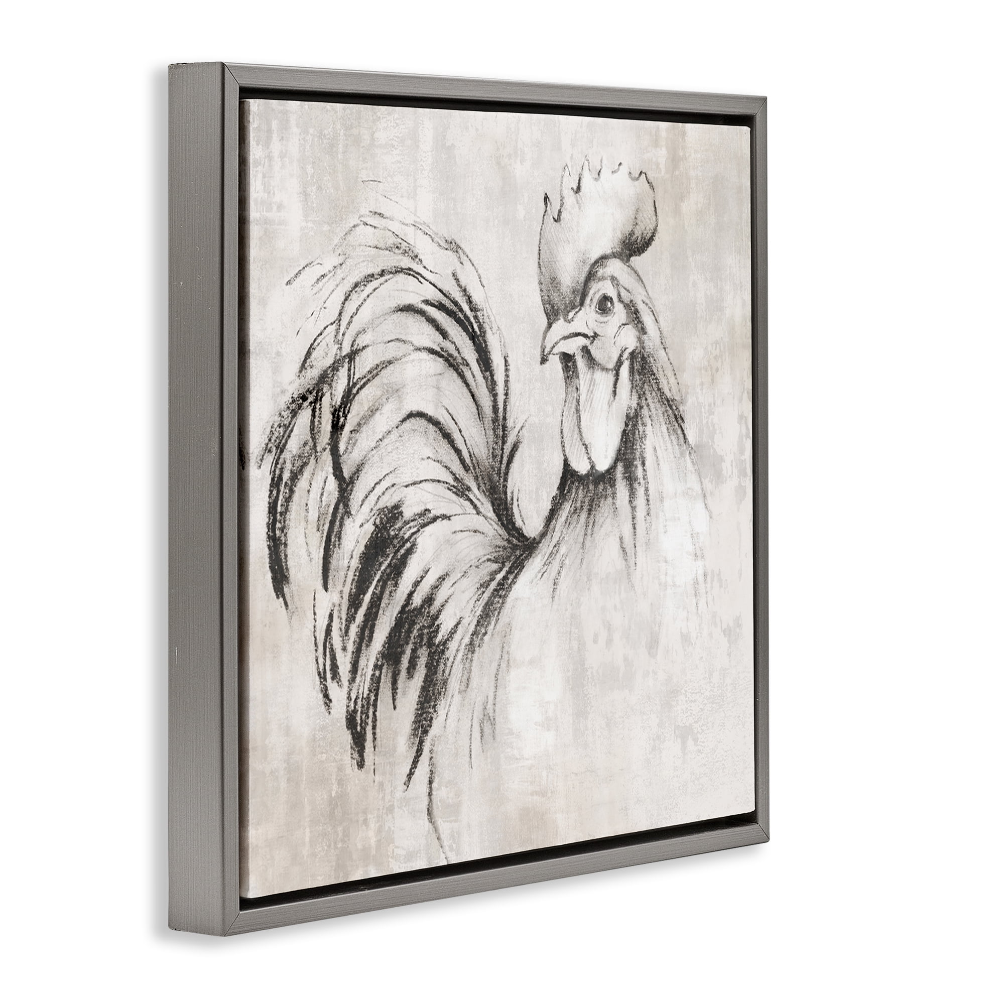 Stupell Industries Rooster Sketch Impression Animals Drawing Gray Floater Framed Canvas Art Print Wall Art, 18 x 18