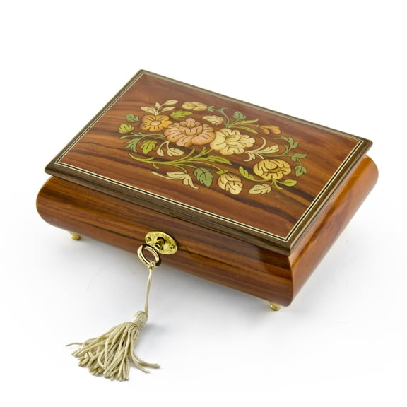 Gorgeous 22 Note Santos Mahogany Floral Inlay Musical Jewelry Box with Lock and Key