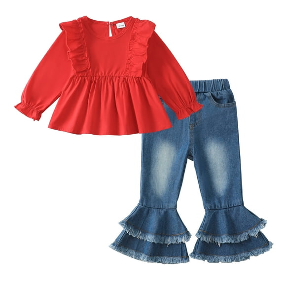 3T Baby Girls Clothes 4T Girls 2PCS Outfits Set Solid Color Toddler Girls Long Sleeve Crew Neck Top Denim Pants Set Red