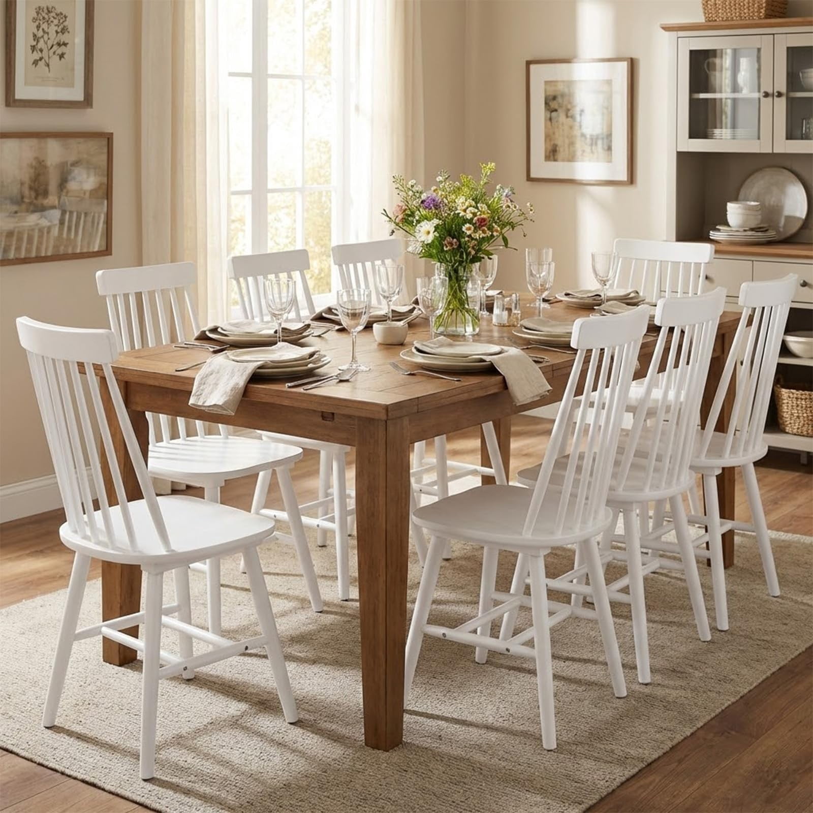 White Farmhouse Dining Chairs Set of 4, Mid Century Modern Spindle Back Wooden Dining Room Chairs for Kitchen & Living Room