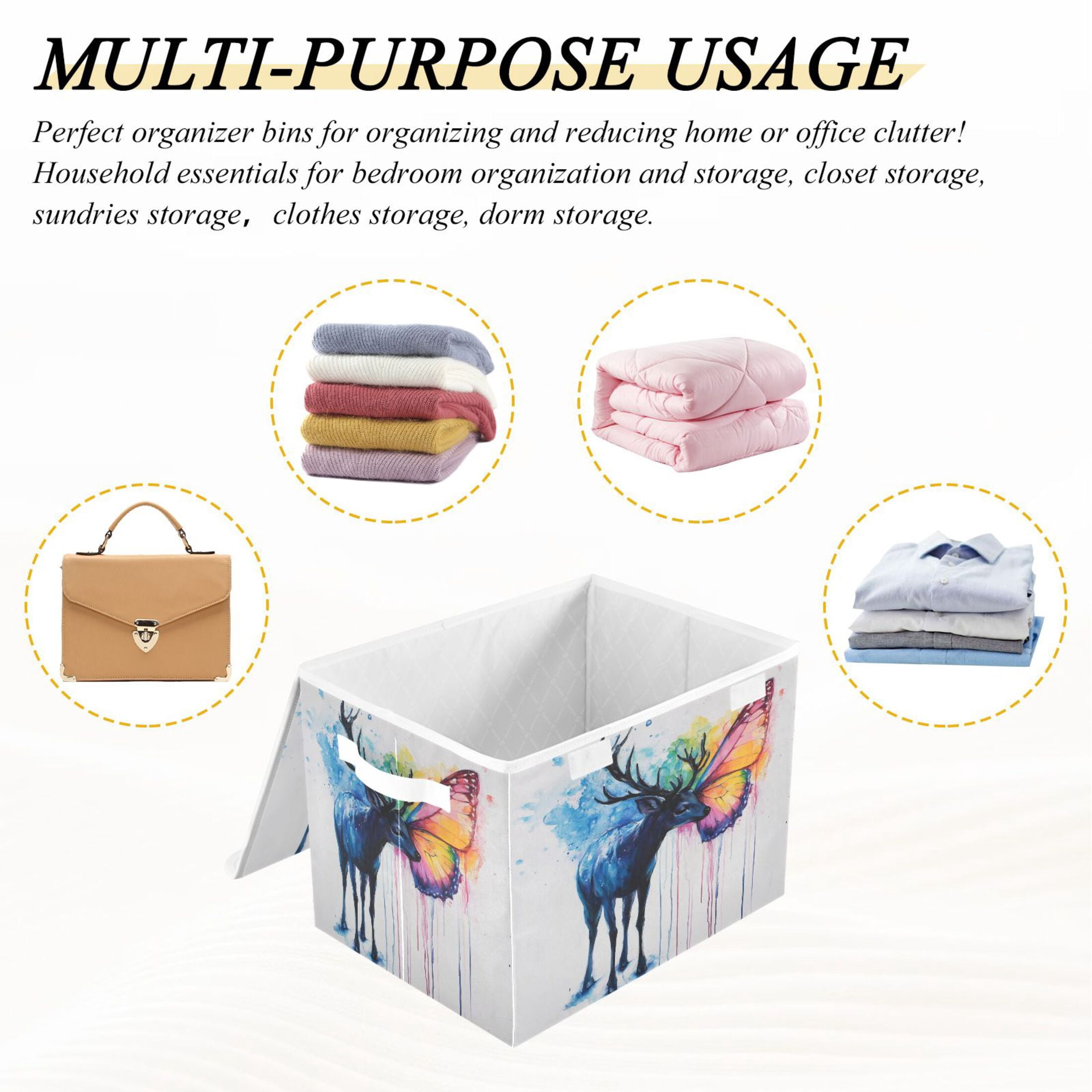 Storage Box With Lid 16.5x12.6x11.8In Foldable Stacked Household Storage Box Color Deer Butterfly Picture