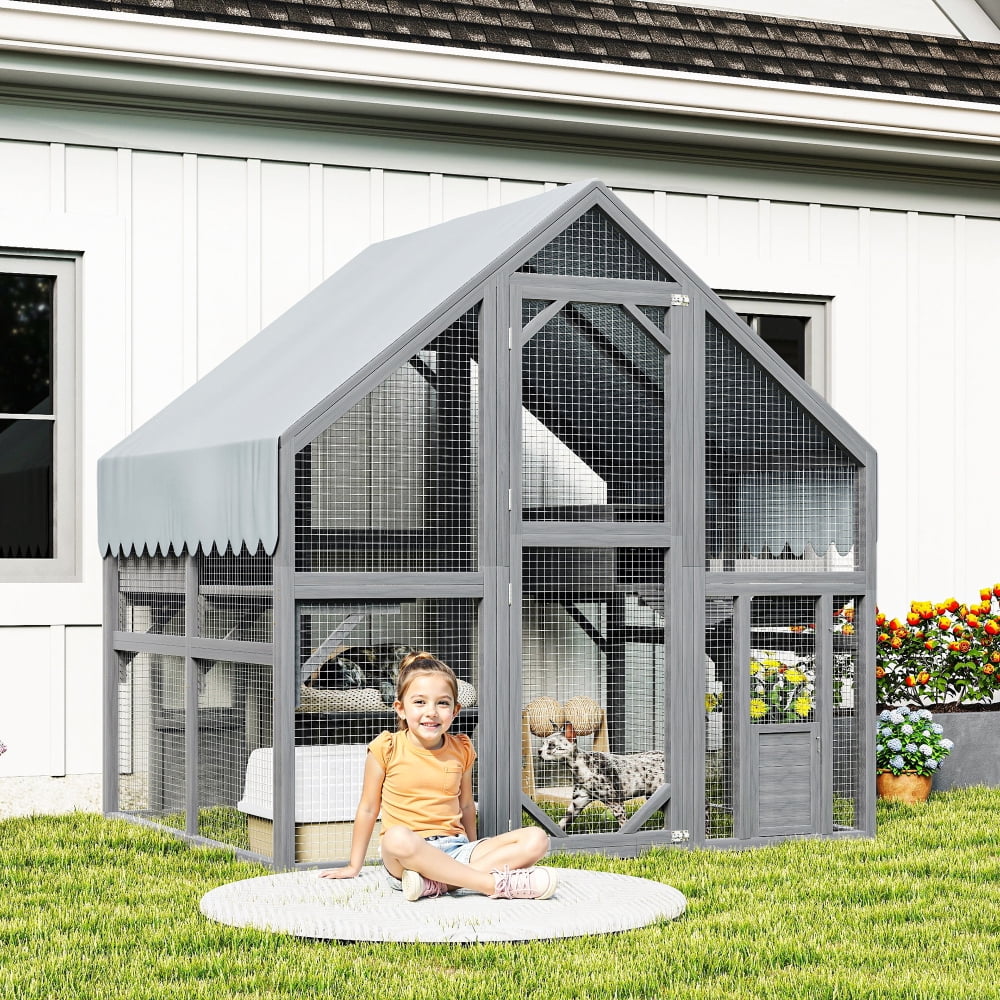 Large Wooden Outdoor Cat Enclosure, Multi-Cat Catio with Platforms, Resting Boxes & Bridge, Waterproof UV Proof Canopy Included