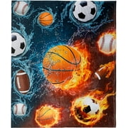 Sports Throw Blanket, Fleece Basketball Baseball Football Soccer Throw Blanket, Cool Extra-Large Sports Blanket for Boys, Kids, and Children, (50in x 60in) Warm and Cozy Fire and Water Ball Blanket