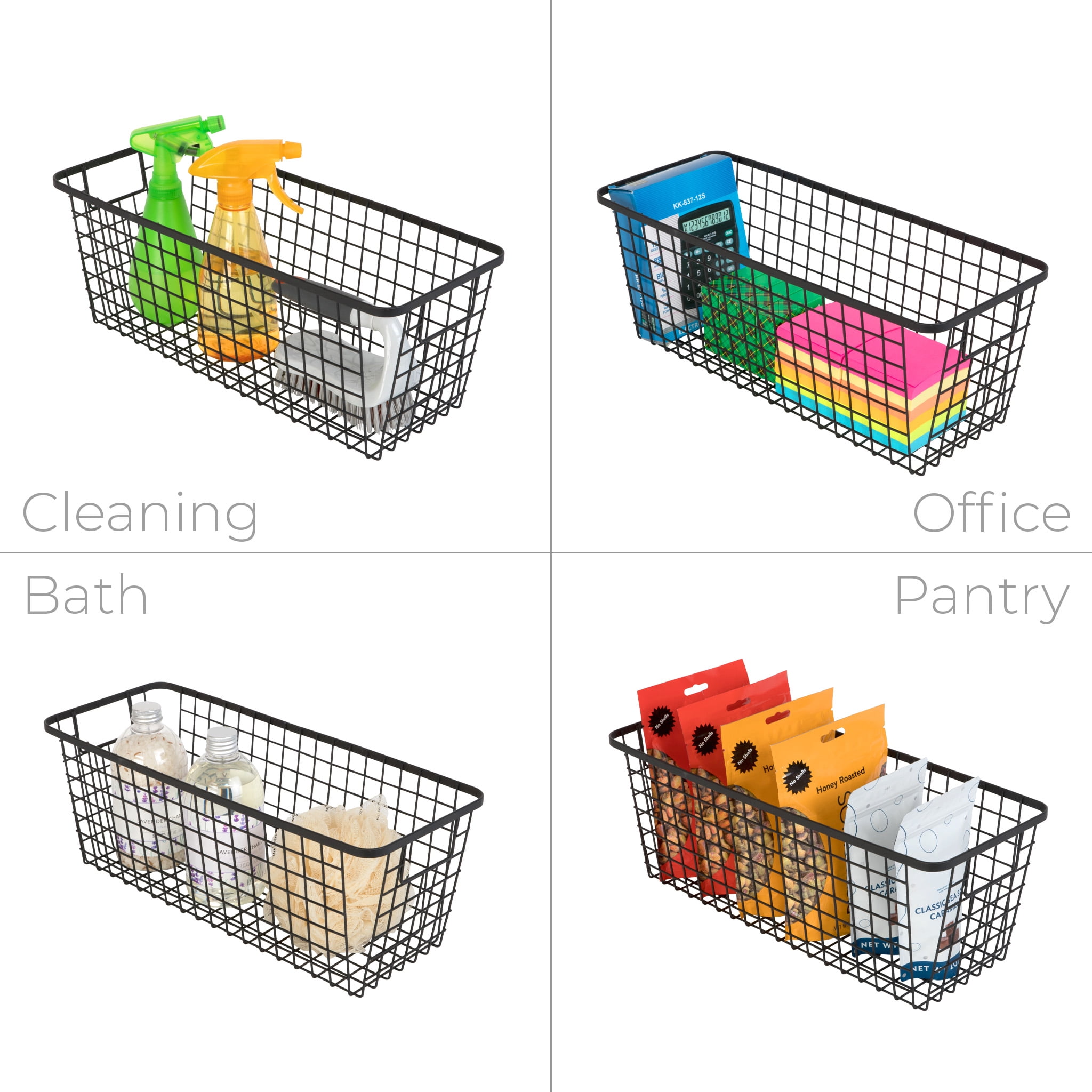 Smart Design Nestable Basket Organizer with Handles - 6 x 16 x 6 inches - Black - Set of 4