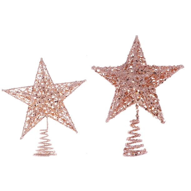 FELTECHELECTR 2 adornos navideños brillantes de estrella de hierro para árbol de Navidad (1 pieza de 20 cm en oro rosa, 1 pieza de 25 cm en oro rosa)