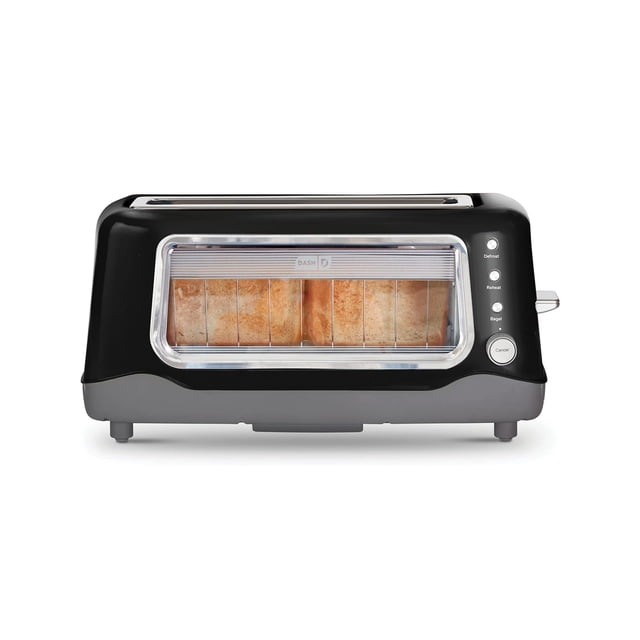 tostador Dash Clear View: tostador con ranura extra ancha con acentos de acero inoxidable + ver a través de la ventana – Descongelar, recalentar + función de apagado automático para bagels, panes espe