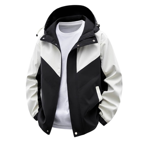 NTACZA Hooded Mens Jackets Winter Color Block Waterproof Beige Windbreaker Hiking Zip Up Coat Winter Coats for Man L