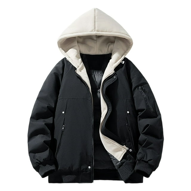 Men's Warm Hooded Fake Two-Piece Coat for Cold Weather Casual Wear, Long Sleeve Design with Fake Two-Piece Style, Perfect for Winter Outdoor Activities