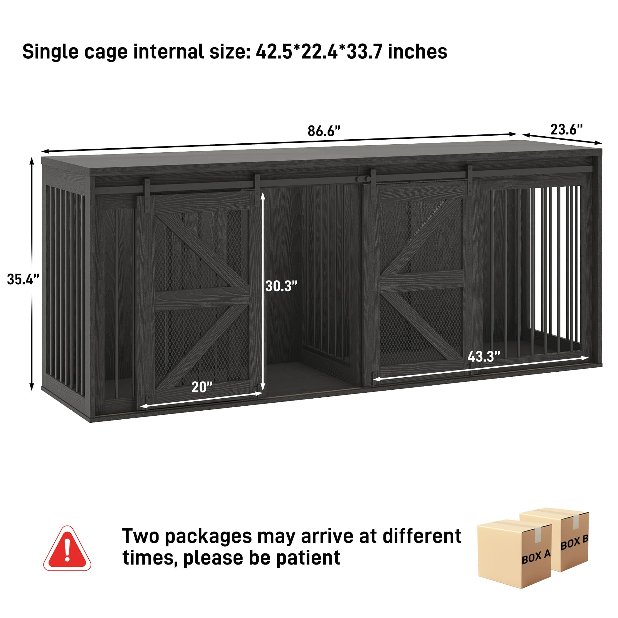 Blotout 87" Large Farmhouse Dog Crate TV Stand, Wooden Dog Crate Furniture with with Divider Panel/Sliding Metal Mesh Barn Door, XL-XXL Heavty Duty Dog Crates Furniture for 2 Medium or Large Dogs